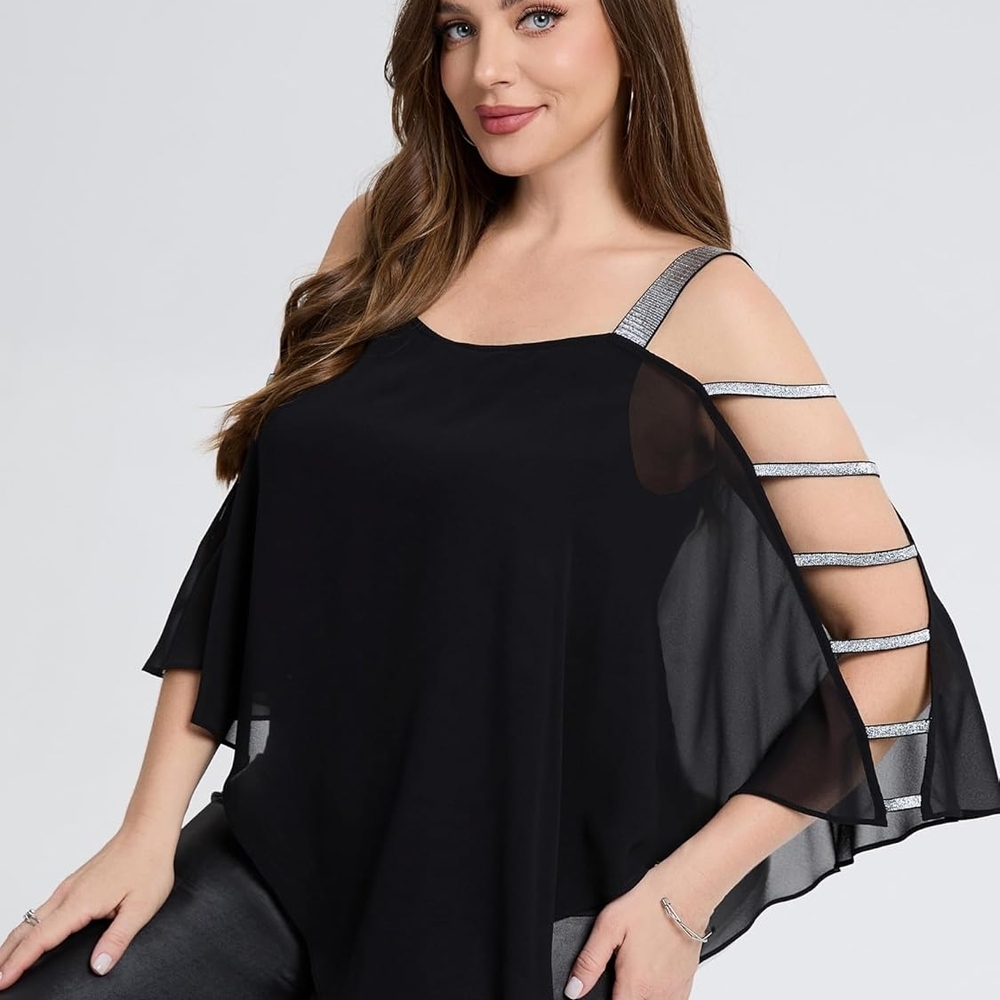 Ever Pretty Black and Silver Cold Shoulder Blouse - Picture 2 of 3